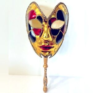 Venetian Male Mask On A Stick - Mardi Gras Masquerade Hand Painted Pre Owned